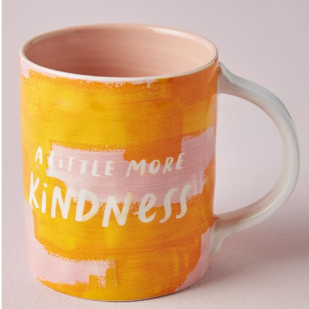 ANTHROPOLOGIE KINDNESS MUG - PINK AND ORANGE BEAUTIFUL ABSTRACT PAINT CUP